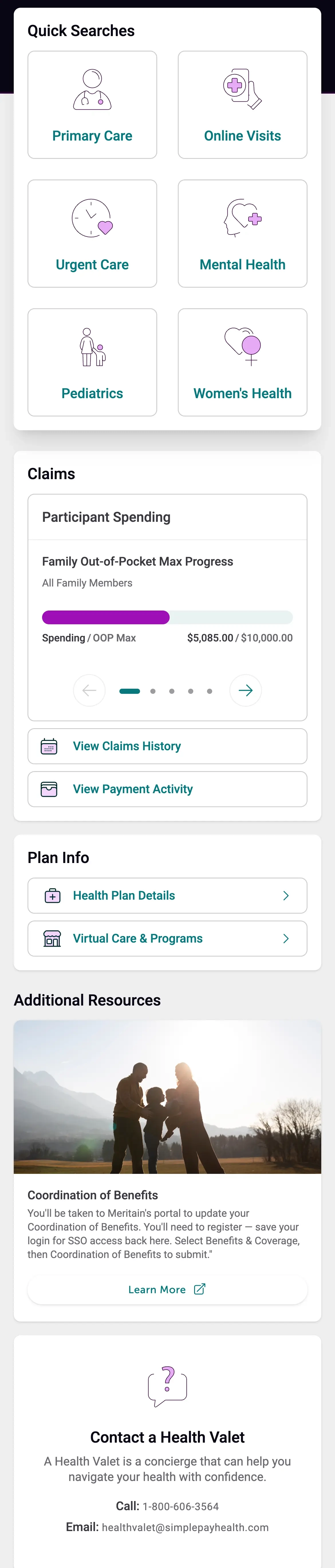 SimplePay member portal dashboard and support tools screen